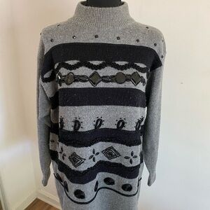 Vintage Black and Gray Embellished‎ Lambswool and Angora Turtleneck Sweater